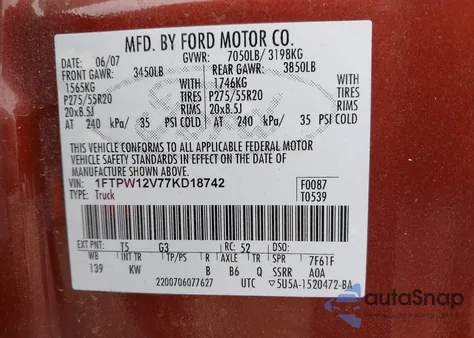 2007 Ford F150 Supercrew из США, поврежденный, VIN 1FTPW12V77KD18742